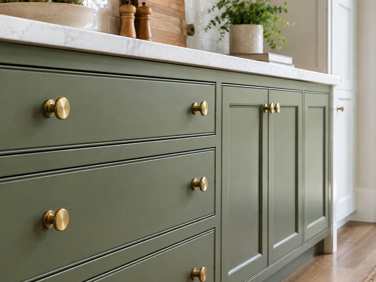 A close view of warm greige painted cabinet doors fitted with small brass knobs.