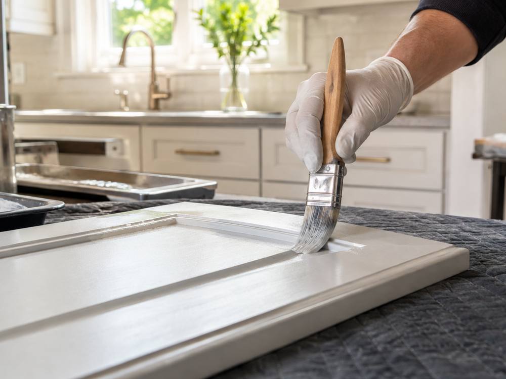A gloved hand brushing white paint onto a shaker cabinet door