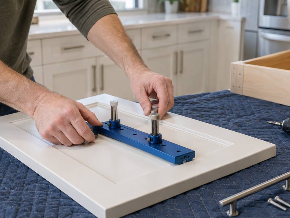 Hands setting a blue drilling jig on a white cabinet door