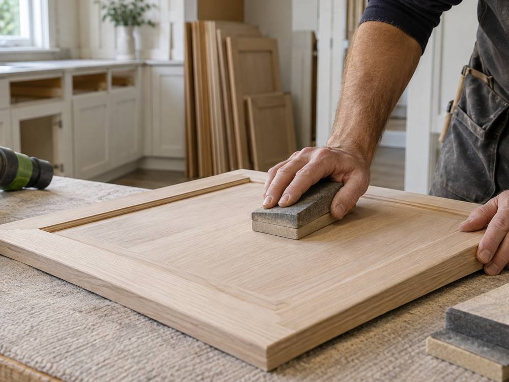 A hand sanding a raw oak cabinet door with a sanding block