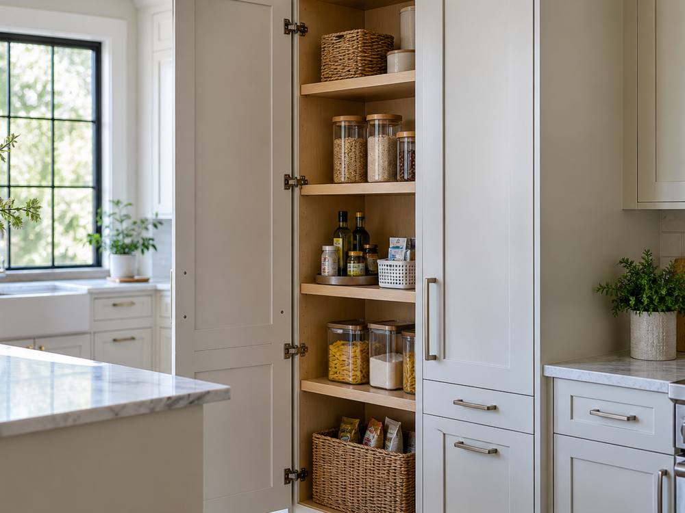 A tall pantry cabinet standing open with jars and baskets on shelves