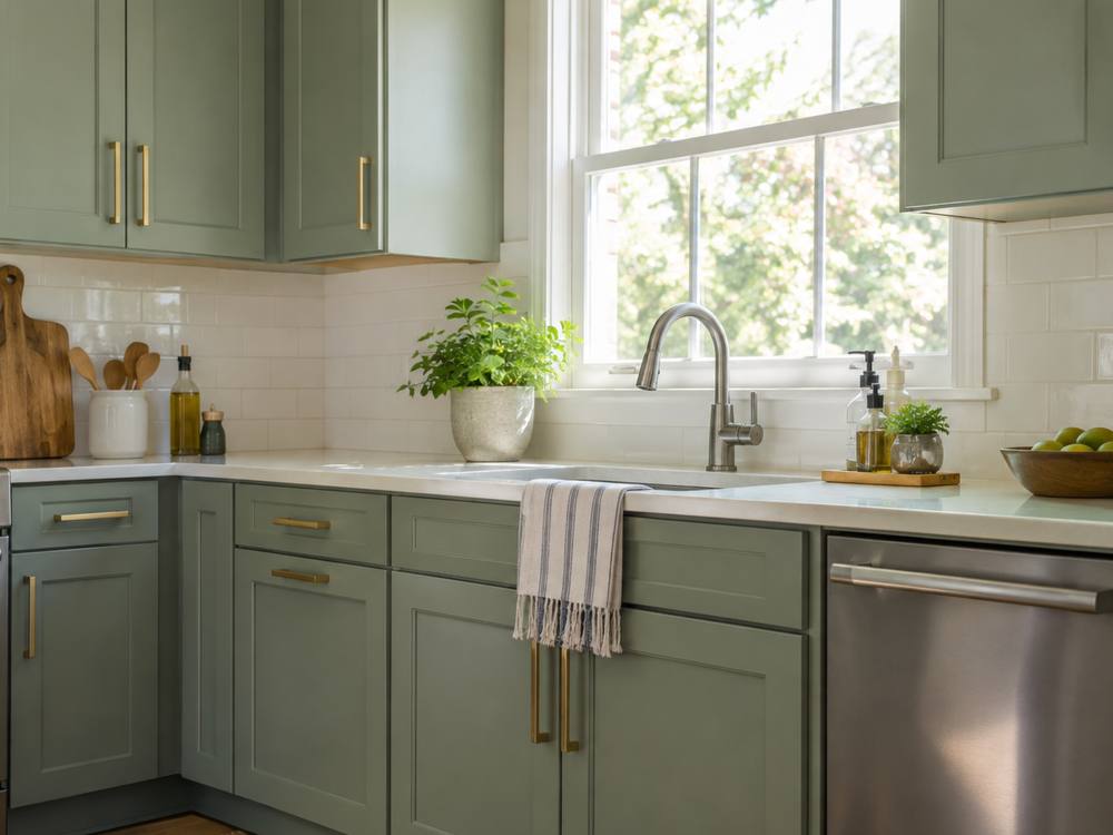 Sage green shaker kitchen cabinets with brass pulls beside a window