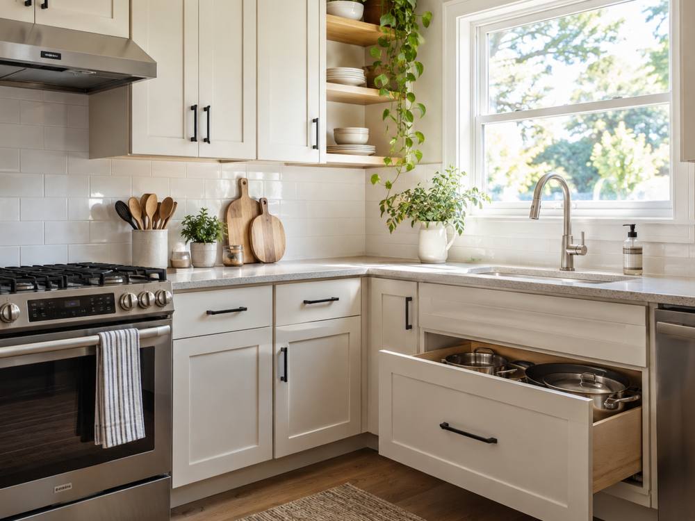 A bright white kitchen with black pulls and an open pot drawer