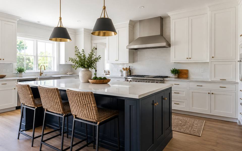 A cream painted cottage-style kitchen in Milton finished with warm wood countertops.