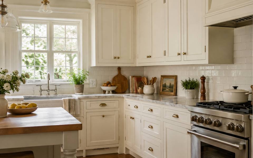 Sage green lower cabinets beneath white upper cabinets, all fitted with brass pulls.