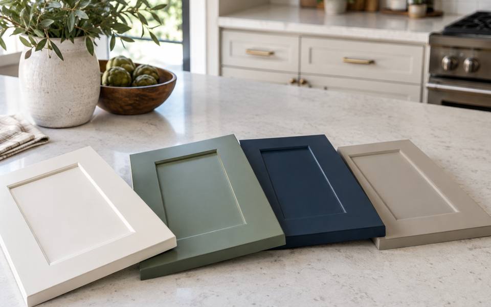 A sage green painted kitchen fitted throughout with brass cabinet hardware.