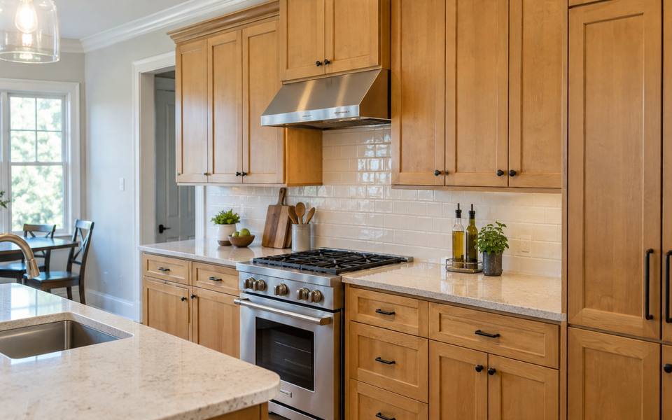 A brush cutting in white paint along the outer edge of a cabinet door.