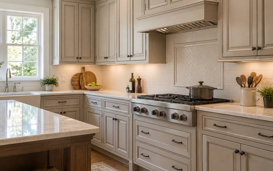 A charcoal grey slab-front modern kitchen broken up with warm wood accents.
