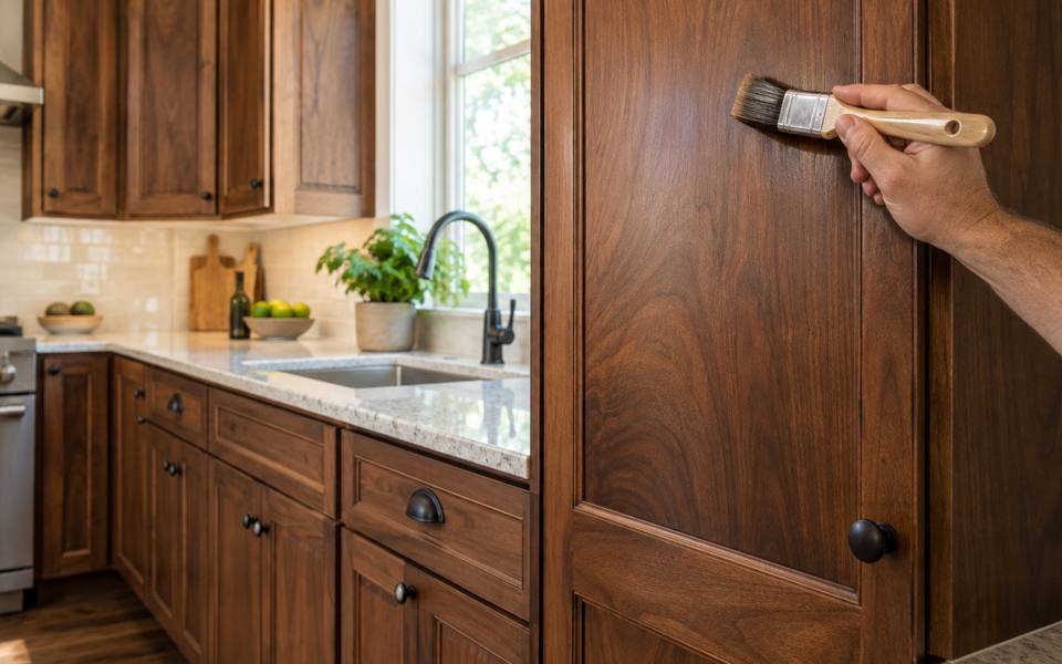 A dark walnut stained kitchen with deep colour running through every door.