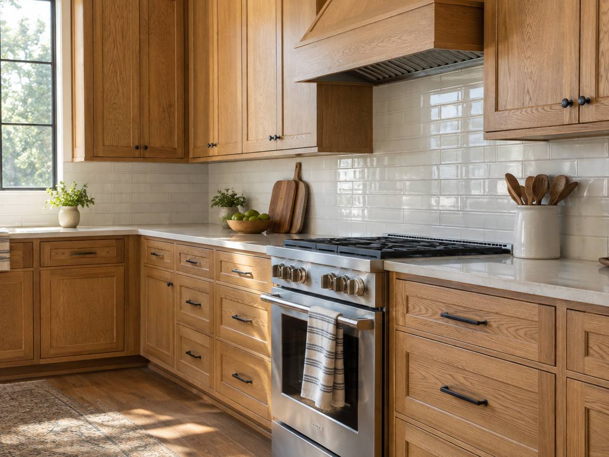 A hand checking the smooth sprayed finish across the face of a white cabinet door.